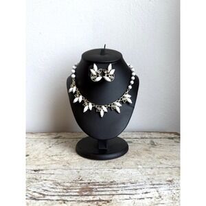1950s Opaque White Marquise-Cut Necklace & Clip-On Earrings Bridal Wedding Set